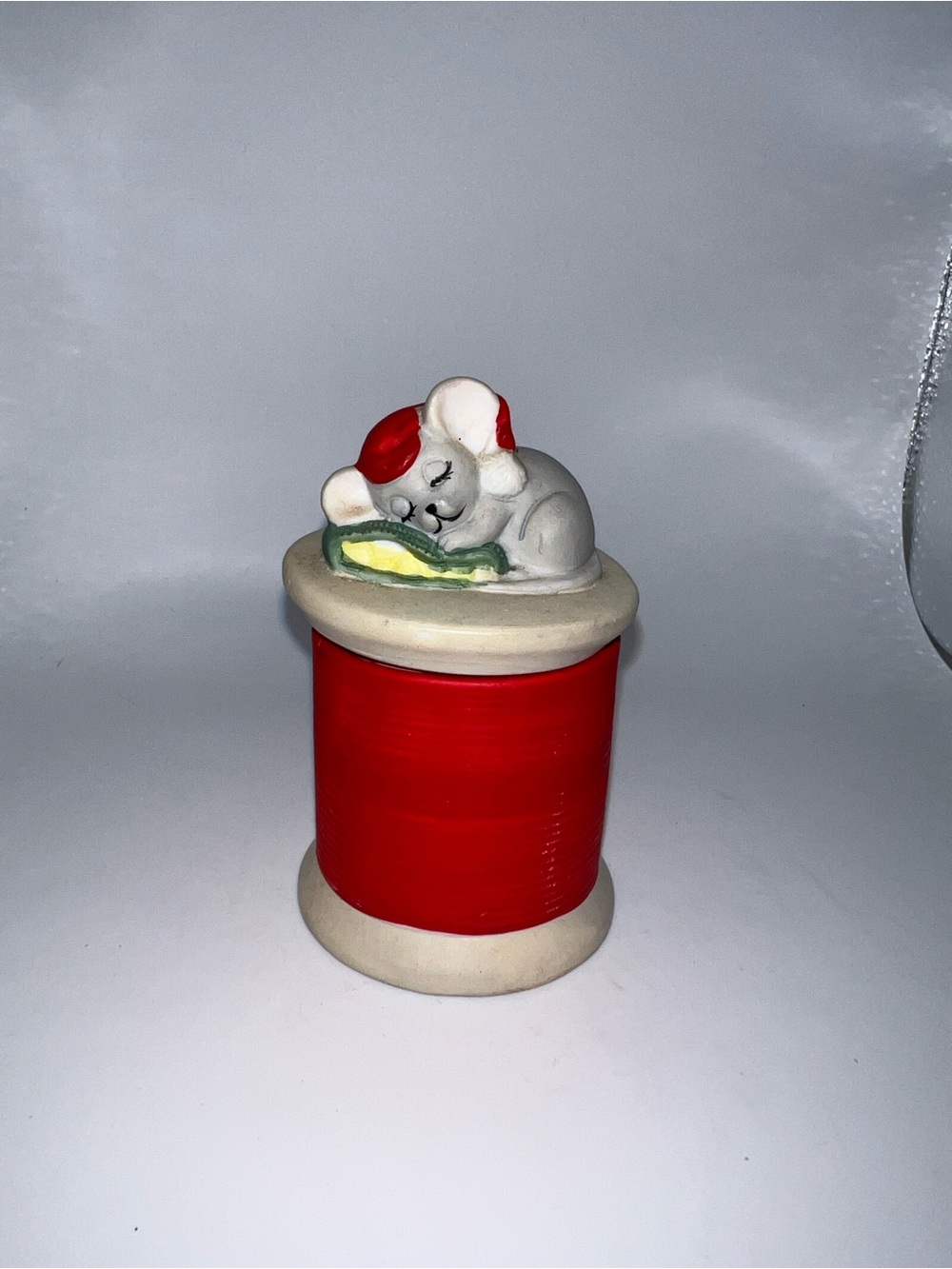 Vintage Christmas Mouse on Spool Ceramic candle Figurine